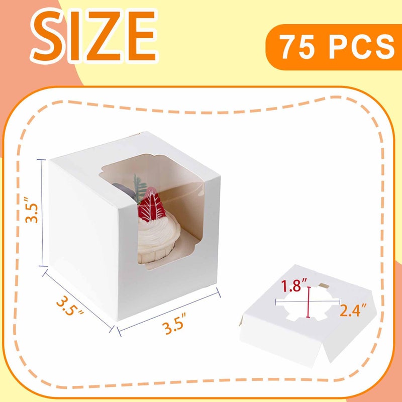 BOOMIBOO 75 Pack Individual Cupcake Containers, Cupcake Boxes with Window, Food Grade Cupcake Holders with Inserts, Stackable Deep Cupcake Carrier (White) - Image 2